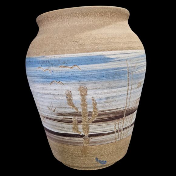 Prairie Pottery Vase Desert Scene Blue Brown Tan Handmade Southwest Art - Picture 3 of 7
